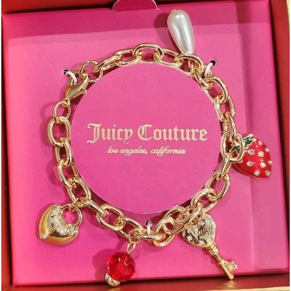 New Juicy Couture Goldtone Charm Bracelet 5 Charms Logo Y2K - Picture 2 of 3